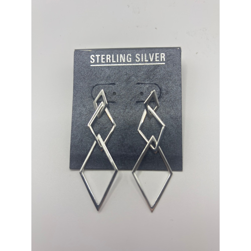Sterling Silver 925 Geometric Triple Diamond Drop Dangle Earrings Post Back
